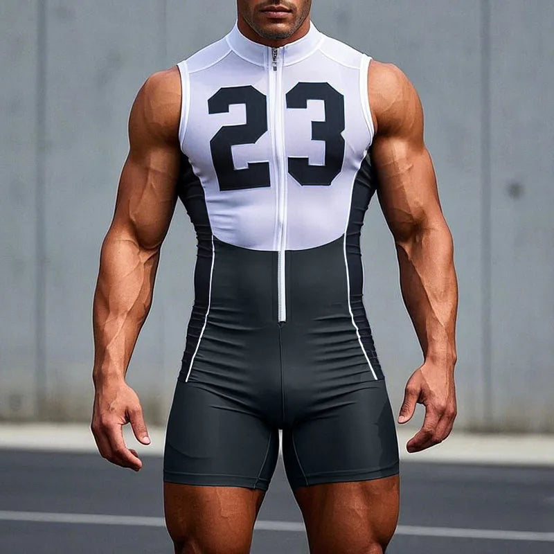 a sexy man in black Men’s Legacy 23 Varsity Zip Bodysuit – pridevoyageshop.com – gay men’s harness, lingerie and fetish wear