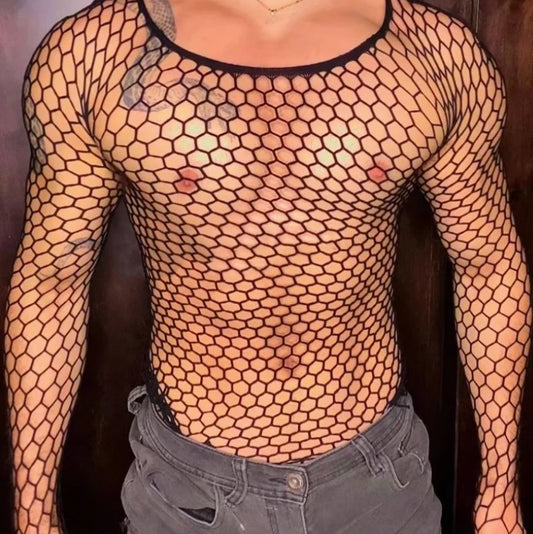 a sexy man in black Men’s Long Sleeve Fishnet T-Shirt - pridevoyageshop.com - gay men’s harness, lingerie and fetish wear