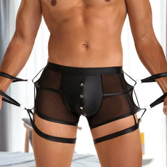 a sexy man in black Men’s Mesh & PU Leather Garter Snap Boxer Shorts