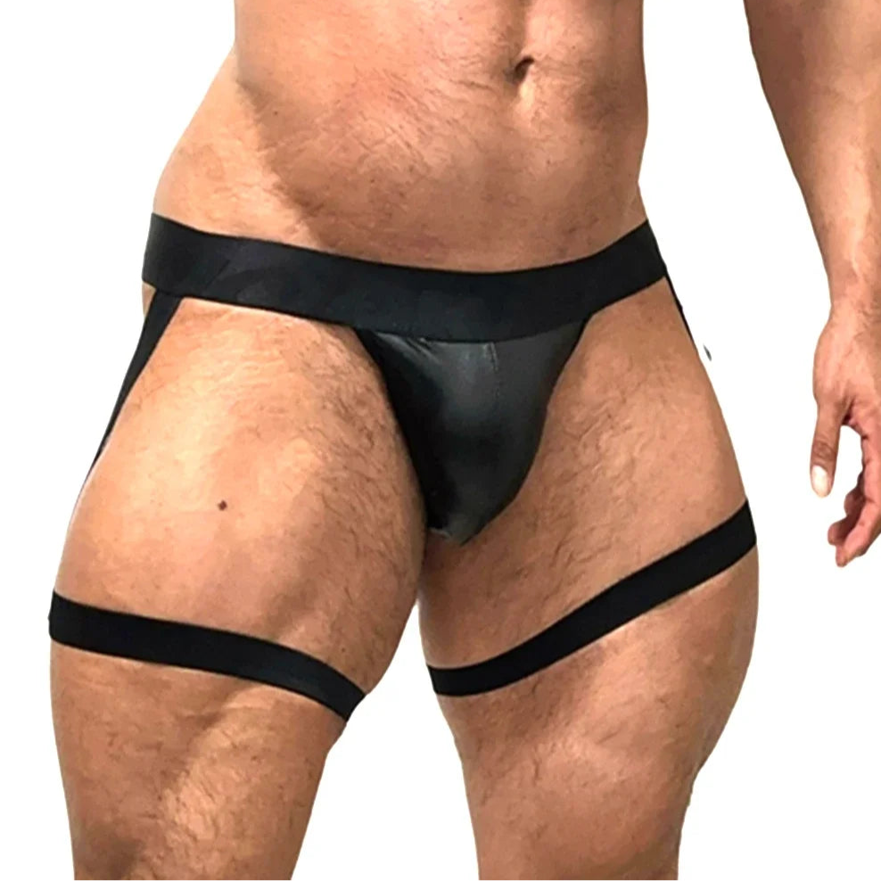 a sexy man in black Men’s Metallic Thigh-Strap Jockstrap - pridevoyageshop.com - gay men’s thongs, boxers, briefs and jockstraps