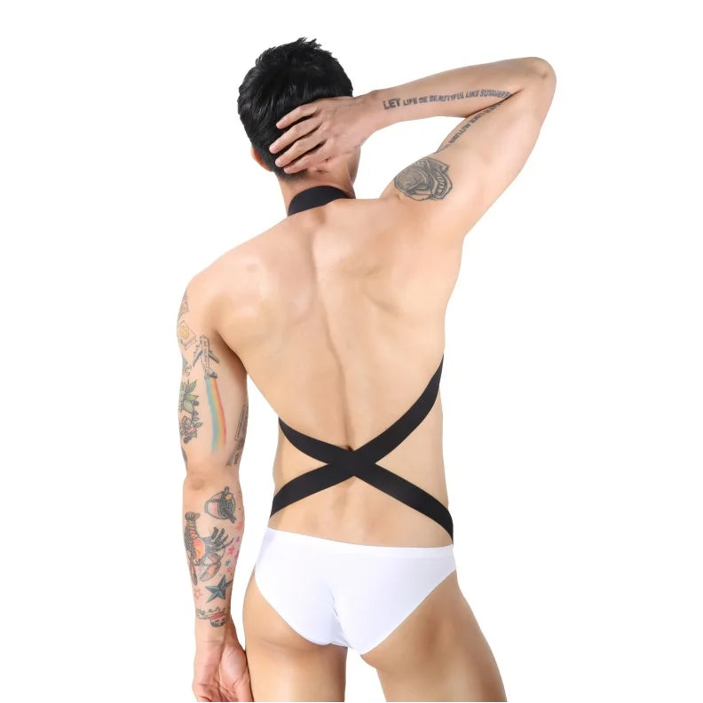 a sexy man in black Men’s Minimalism Connect Bondage Harness – pridevoyageshop.com – gay men’s harness, lingerie and fetish wear