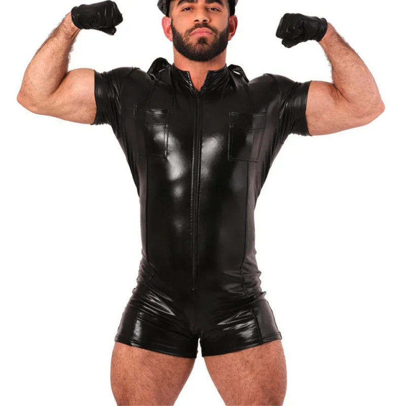 a sexy man in black Men’s On Duty PU Leather Playsuit – pridevoyageshop.com – gay men’s harness, lingerie and fetish wear