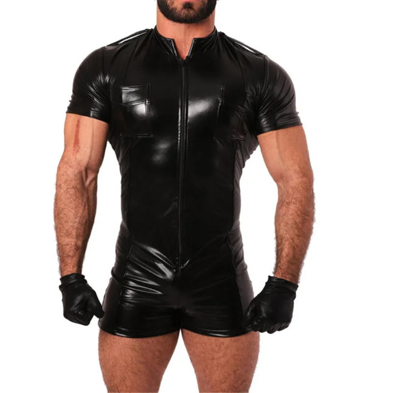 a sexy man in black Men’s On Duty PU Leather Playsuit – pridevoyageshop.com – gay men’s harness, lingerie and fetish wear