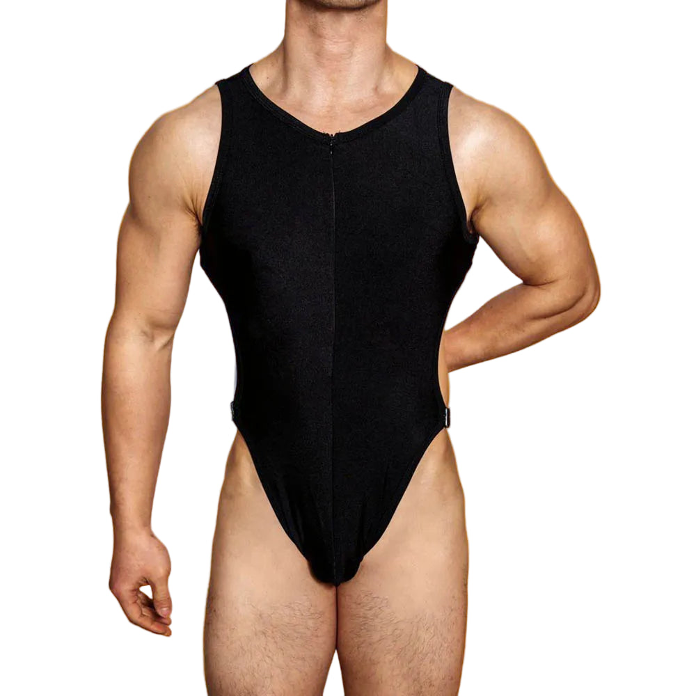 a sexy man in black Men’s Open Circuit Bodysuit – pridevoyageshop.com – gay men’s harness, lingerie and fetish wear