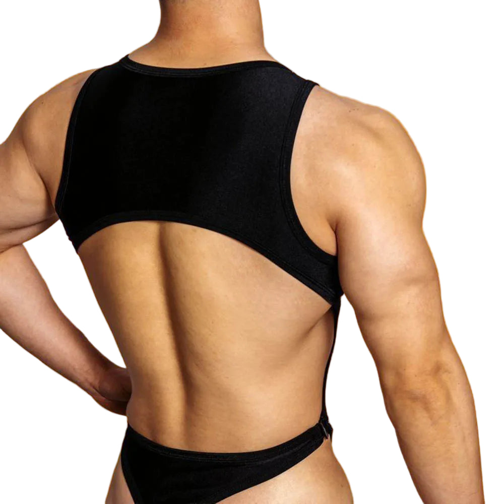 a sexy man in black Men’s Open Circuit Bodysuit – pridevoyageshop.com – gay men’s harness, lingerie and fetish wear