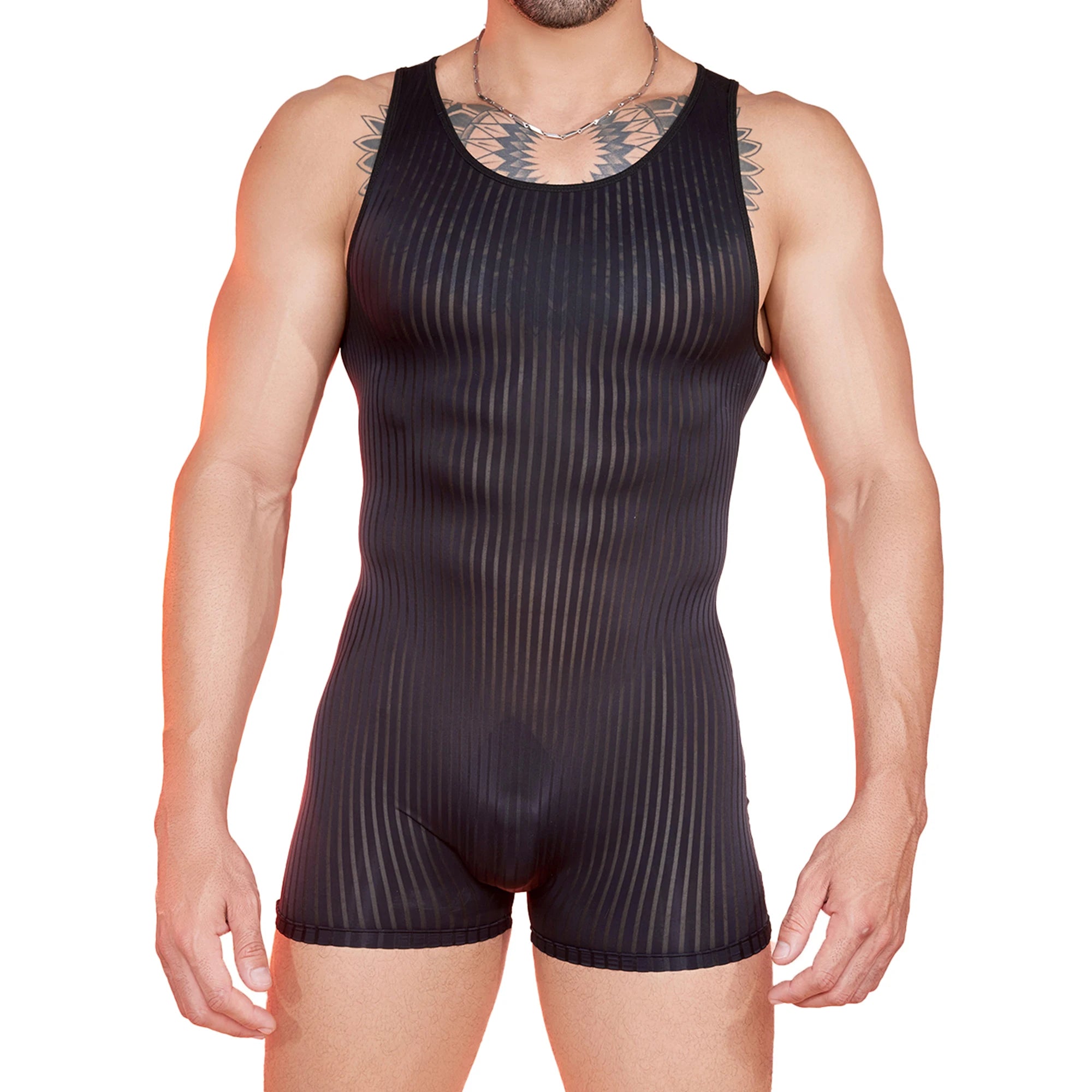 a sexy man in black Men’s Optical Stripe Sheer Singlet – pridevoyageshop.com – gay men’s harness, lingerie and fetish wear