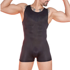 a sexy man in black Men’s Optical Stripe Sheer Singlet – pridevoyageshop.com – gay men’s harness, lingerie and fetish wear