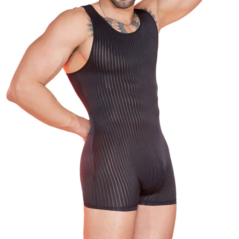 a sexy man in black Men’s Optical Stripe Sheer Singlet – pridevoyageshop.com – gay men’s harness, lingerie and fetish wear