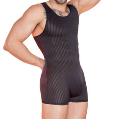 a sexy man in black Men’s Optical Stripe Sheer Singlet – pridevoyageshop.com – gay men’s harness, lingerie and fetish wear