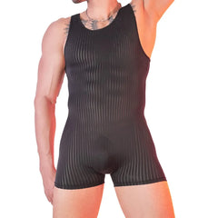 a sexy man in black Men’s Optical Stripe Sheer Singlet – pridevoyageshop.com – gay men’s harness, lingerie and fetish wear