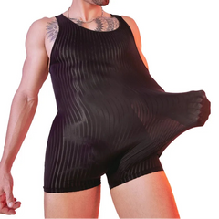 a sexy man in black Men’s Optical Stripe Sheer Singlet – pridevoyageshop.com – gay men’s harness, lingerie and fetish wear