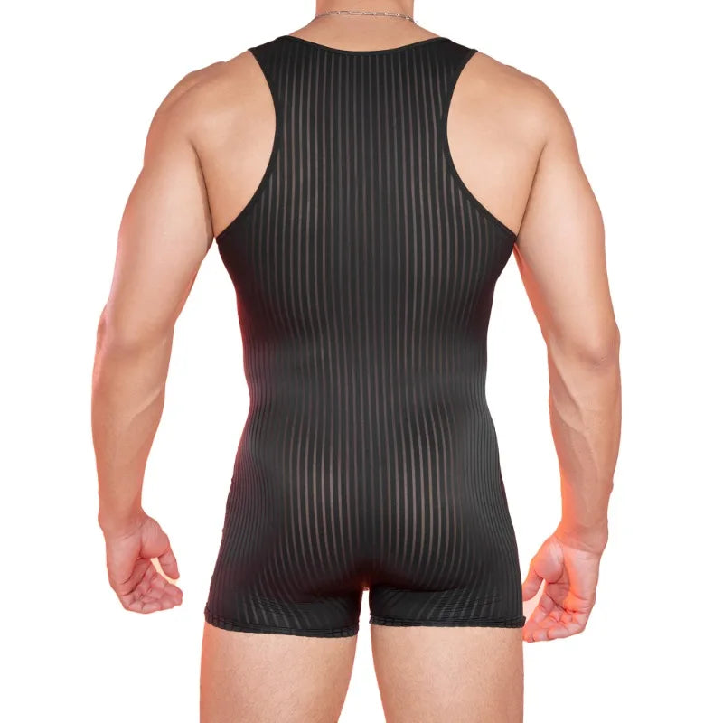 a sexy man in black Men’s Optical Stripe Sheer Singlet – pridevoyageshop.com – gay men’s harness, lingerie and fetish wear