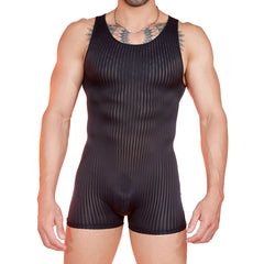 a sexy man in black Men’s Optical Stripe Sheer Singlet – pridevoyageshop.com – gay men’s harness, lingerie and fetish wear
