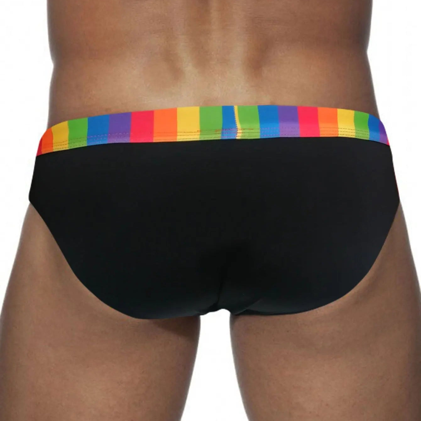 a sexy man in black Men’s Pride Patrol Rainbow Band Swim Briefs - pridevoyageshop.com - gay men’s sexy swim briefs, trunks, board shorts, and bikinis
