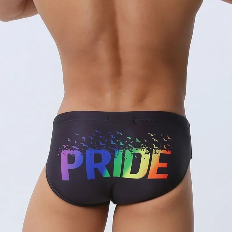 a sexy man in black Men’s Pride Rainbow Print Sexy Swim Briefs - pridevoyageshop.com - gay men’s sexy swim briefs, trunks, board shorts, and bikinis