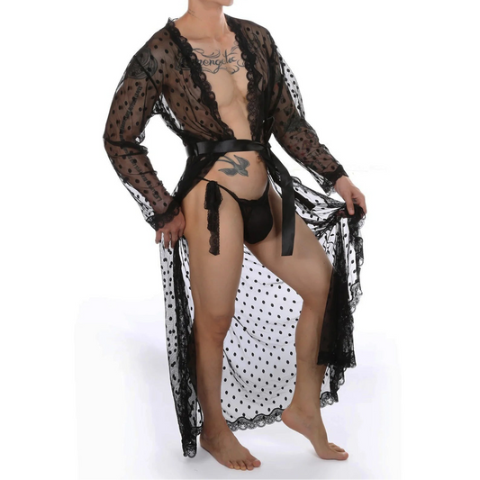 a sexy man in black Men’s Private Show Sheer Robe Set – pridevoyageshop.com – gay men’s sexy swim briefs, trunks, board shorts, and bikinis