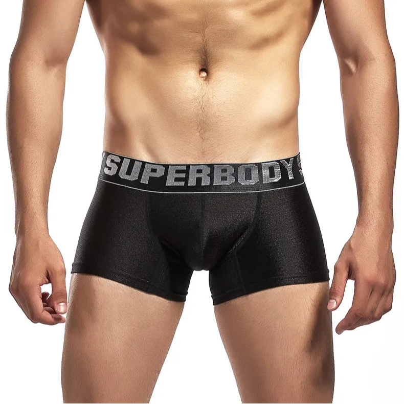 a sexy man in black Men’s SUPERBODY Metallic Trunks - pridevoyageshop.com - gay men’s thongs, boxers, briefs and jockstraps