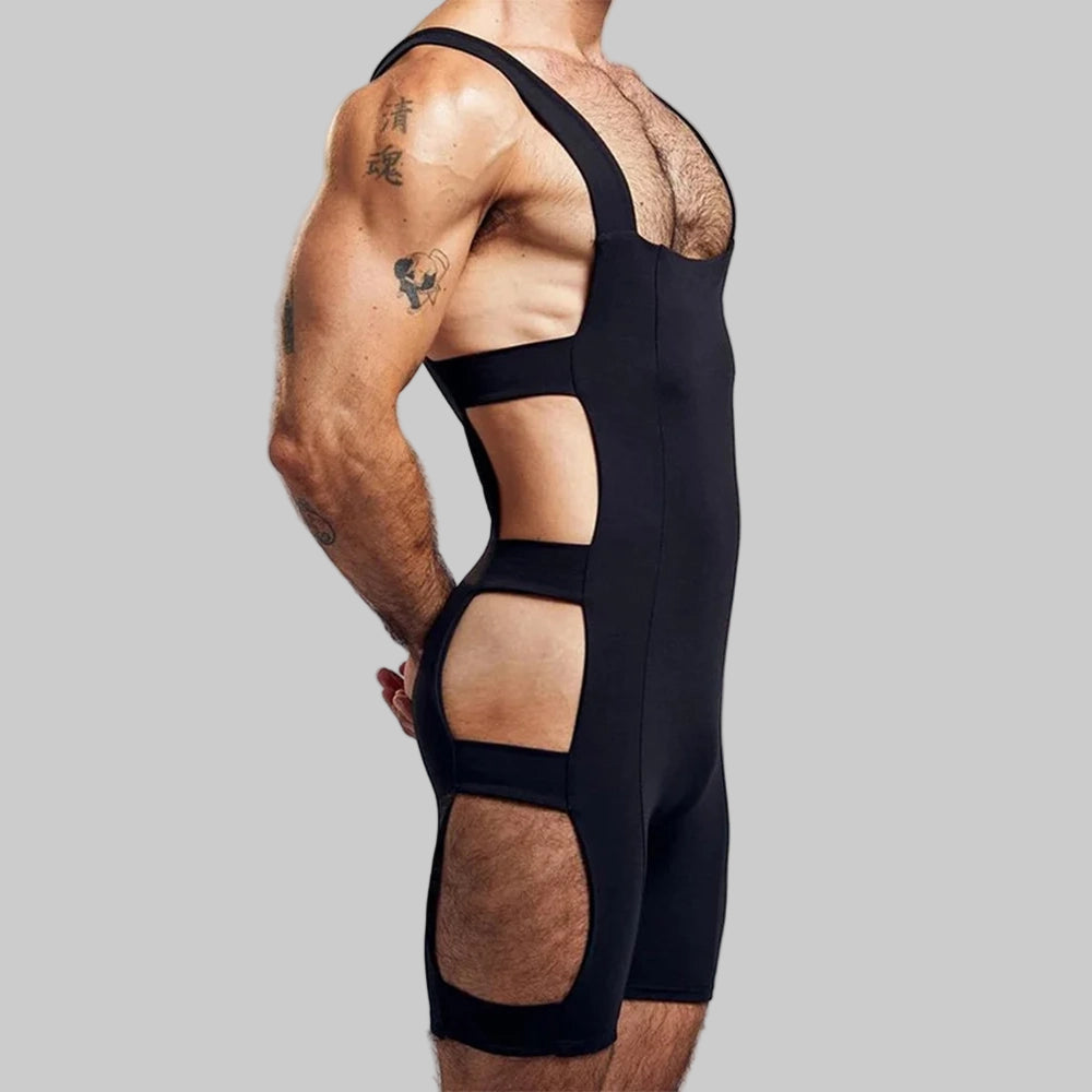 a sexy man in black Men’s Side Quest Cutout Singlet – pridevoyageshop.com – gay men’s harness, lingerie and fetish wear
