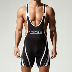 a sexy man in black Men’s Trophy Boy Racing Stripe Singlet – pridevoyageshop.com – gay men’s harness, lingerie and fetish wear