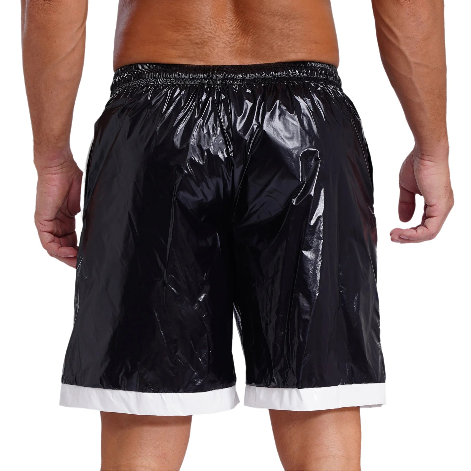 a sexy man in black Men’s Wet Look Lights Out Shorts – pridevoyageshop.com – gay men’s sexy swim briefs, trunks, board shorts, and bikinis
