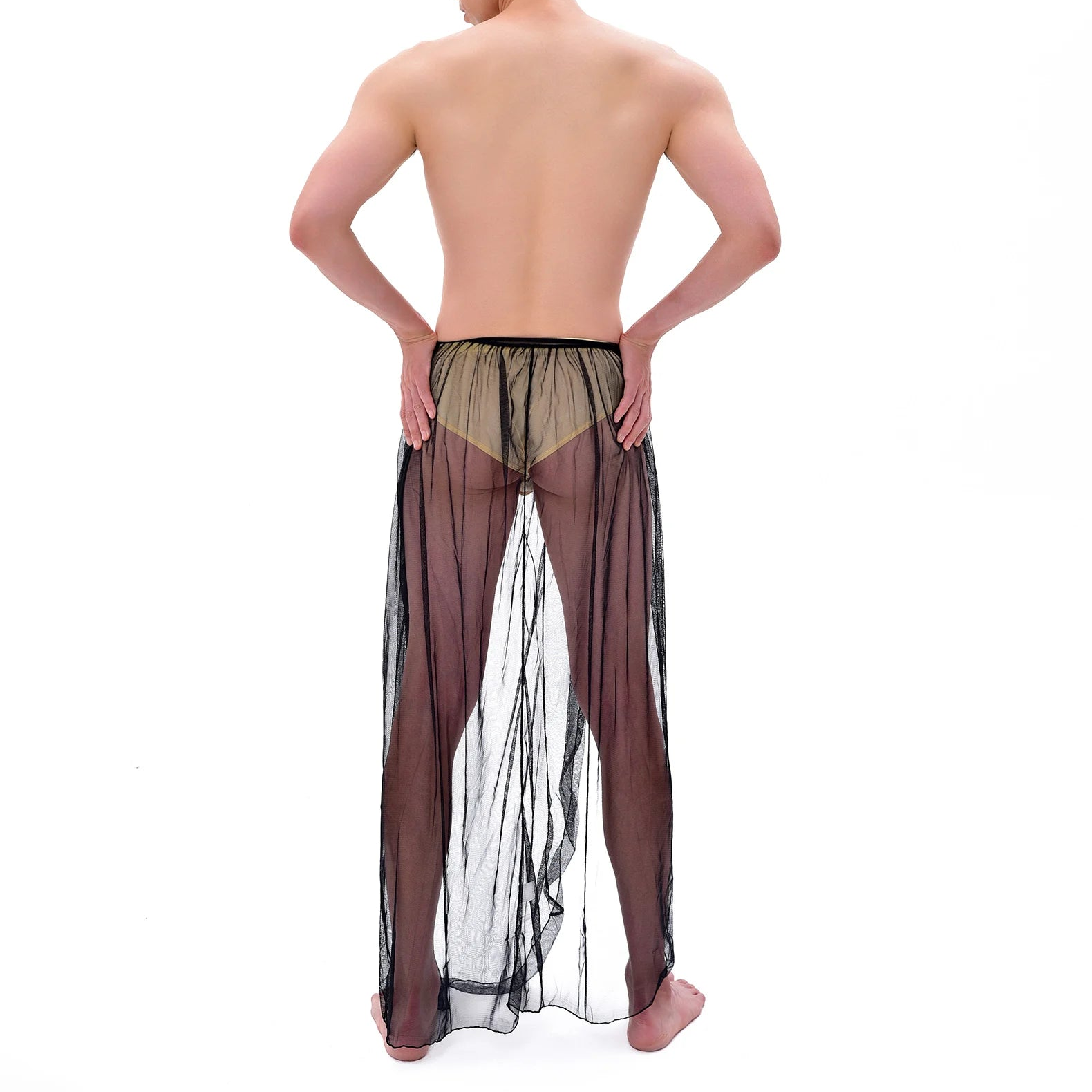 a sexy man in black Men’s Whisper Sheer Sarong – pridevoyageshop.com – gay men’s sexy swim briefs, trunks, board shorts, and bikinis