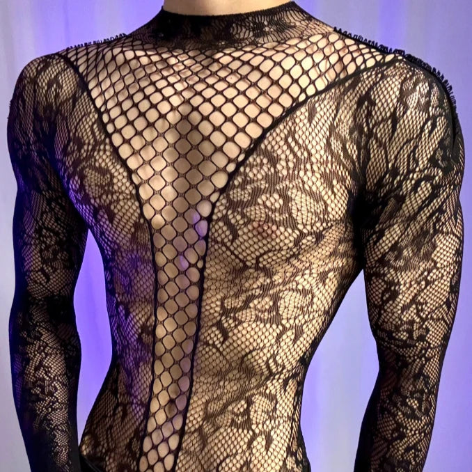 a sexy man in black Moonlit Filigree Lace Mesh Bodysuit - pridevoyageshop.com - gay men’s harness, lingerie and fetish wear
