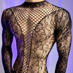 a sexy man in black Moonlit Filigree Lace Mesh Bodysuit - pridevoyageshop.com - gay men’s harness, lingerie and fetish wear