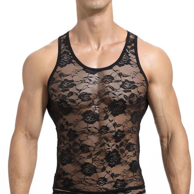 a sexy man in black Mothers Roses Lace Tank – pridevoyageshopcom – gay mens clubwear mesh tanks crop tops fashion tops partywear activewear