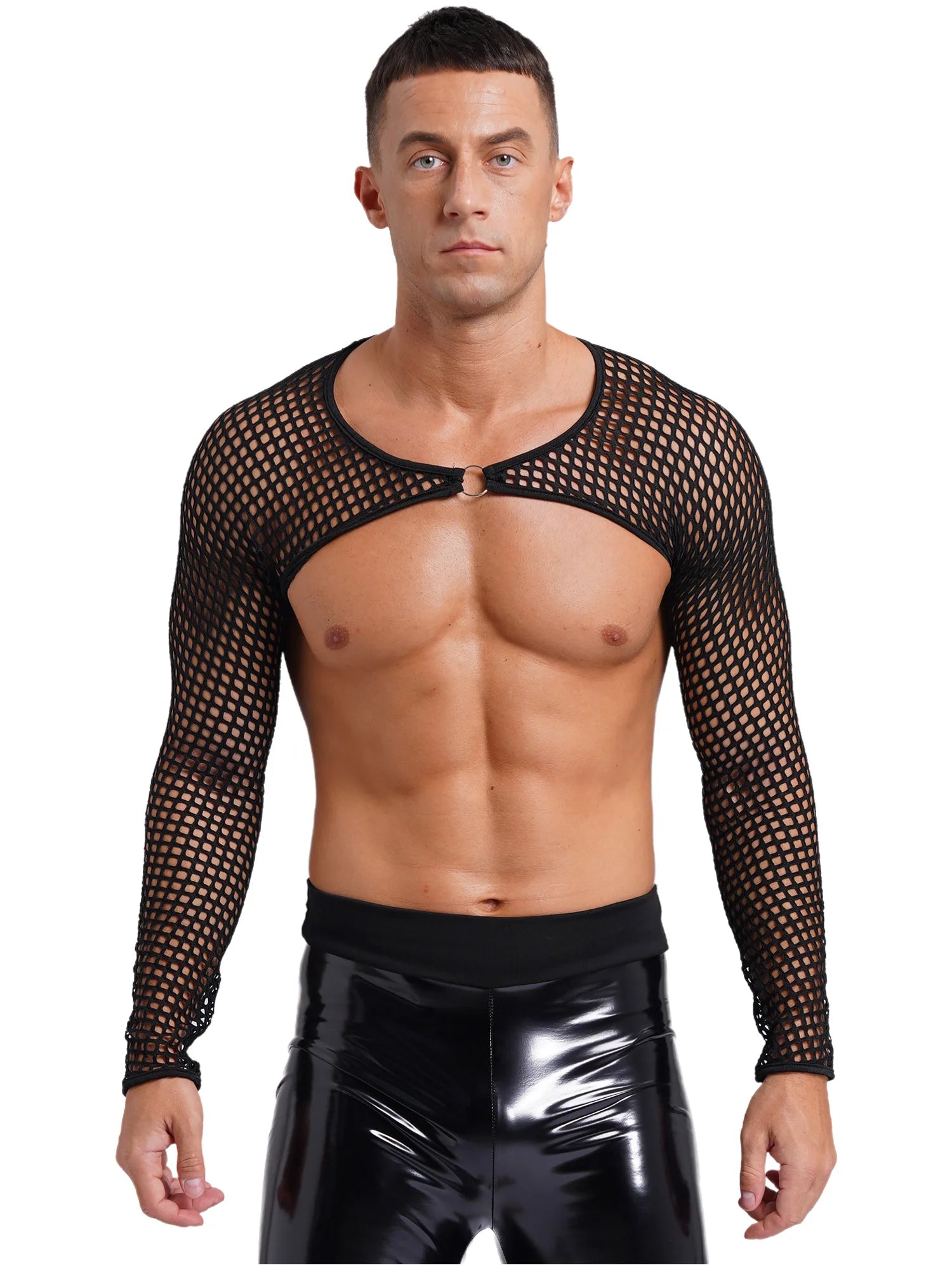 a sexy man in black Night Bracer Ring Net Shrug - pridevoyageshop.com - gay men’s harness, lingerie and fetish wear