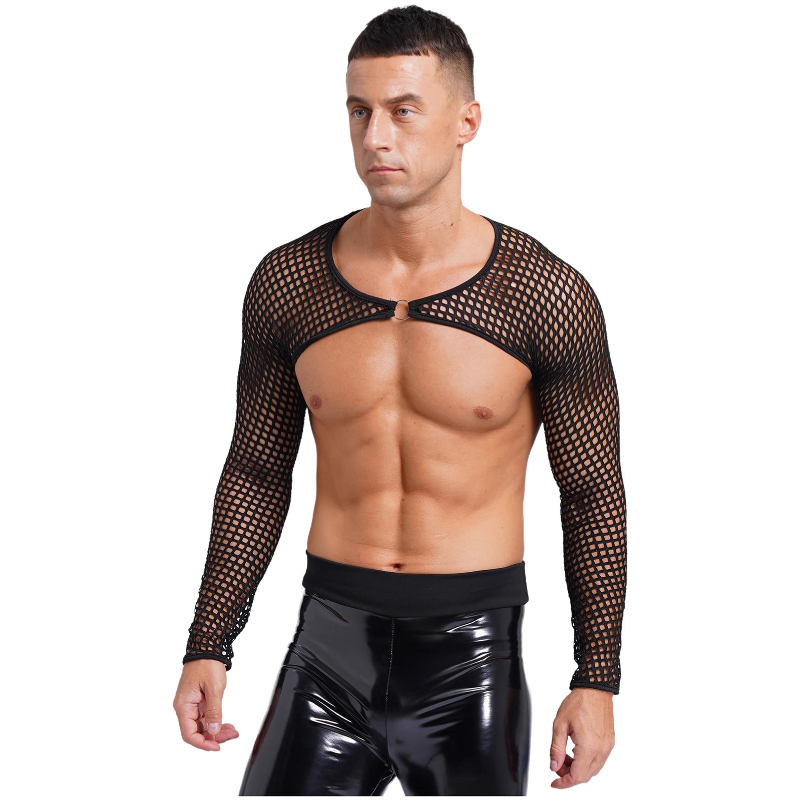 a sexy man in black Night Bracer Ring Net Shrug - pridevoyageshop.com - gay men’s harness, lingerie and fetish wear