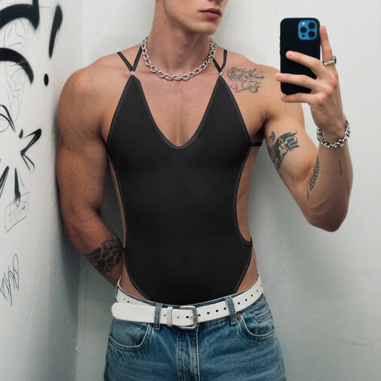 a sexy man in black Night Shift Keyhole Halter Bodysuit with a keyhole chest cut-out and high-cut fit, hugging his body and showing sculpted torso – pridevoyageshop.com – gay men’s harness, lingerie and fetish wear