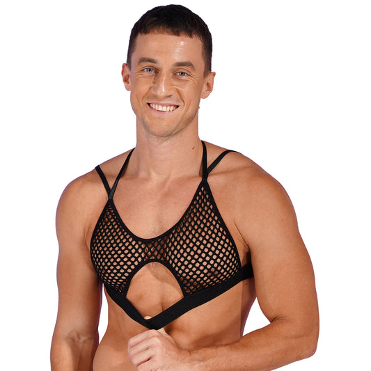 a sexy man in black Night Signal Macro-Net Mesh Crop Top - pridevoyageshop.com - gay men’s harness, lingerie and fetish wear