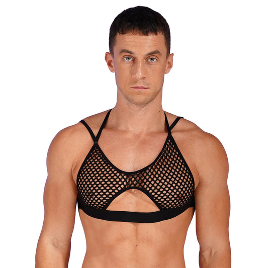 a sexy man in black Night Signal Macro-Net Mesh Crop Top - pridevoyageshop.com - gay men’s harness, lingerie and fetish wear