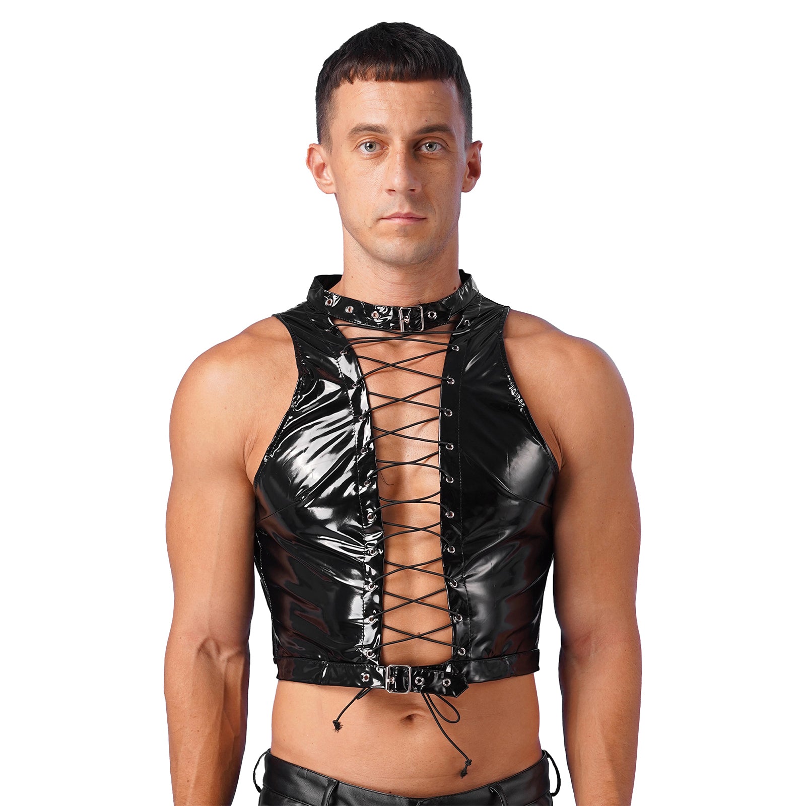 a sexy man in black Pageant Patent PVC Crop – pridevoyageshopcom – gay mens clubwear mesh tanks crop tops fashion tops partywear activewear