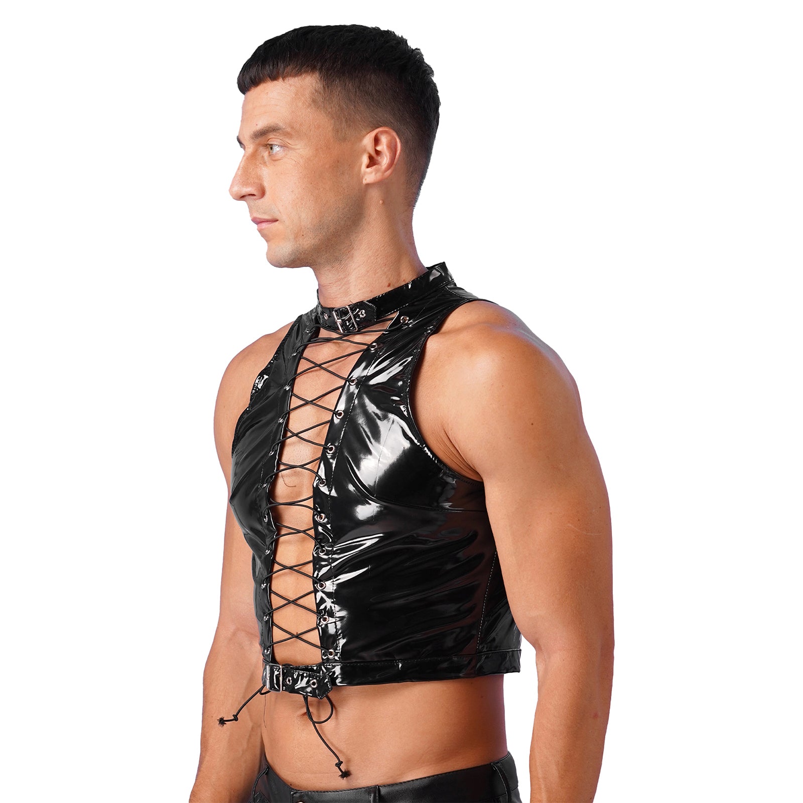 a sexy man in black Pageant Patent PVC Crop – pridevoyageshopcom – gay mens clubwear mesh tanks crop tops fashion tops partywear activewear