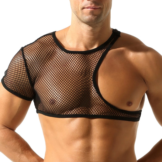 a sexy man in black Pecs Hooker Mesh Shrug - pridevoyageshop.com - gay men’s harness, lingerie and fetish wear