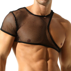 a sexy man in black Pecs Hooker Mesh Shrug - pridevoyageshop.com - gay men’s harness, lingerie and fetish wear