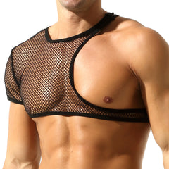 a sexy man in black Pecs Hooker Mesh Shrug - pridevoyageshop.com - gay men’s harness, lingerie and fetish wear