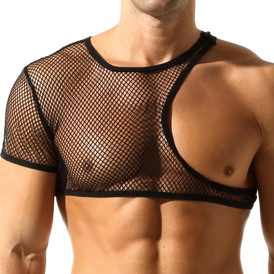 a sexy man in black Pecs Hooker Mesh Shrug - pridevoyageshop.com - gay men’s harness, lingerie and fetish wear