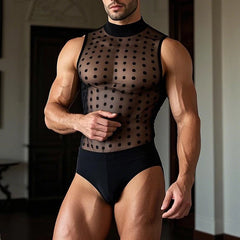 a sexy man in black Polka Lust Mock-Neck Sheer Body - pridevoyageshop.com - gay men’s harness, lingerie and fetish wear