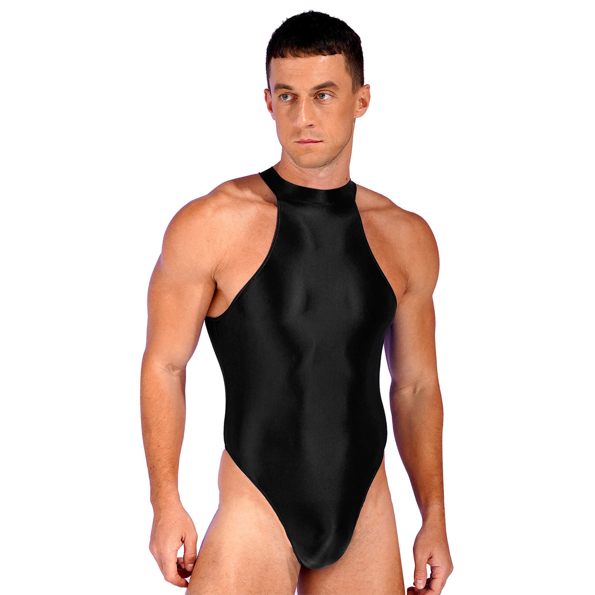 a sexy man in black Profile High-Neck Halter Leotard showing sleek halter neckline and sculpted torso, high-cut fit – pridevoyageshop.com – gay men’s harness, lingerie and fetish wear