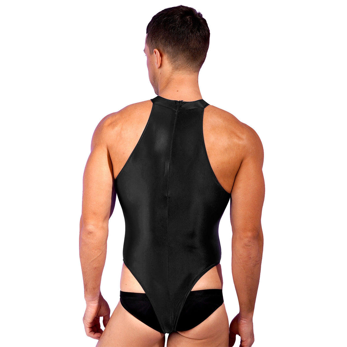 a sexy man in black Profile High-Neck Halter Leotard showing sleek halter neckline and sculpted torso, high-cut fit – pridevoyageshop.com – gay men’s harness, lingerie and fetish wear