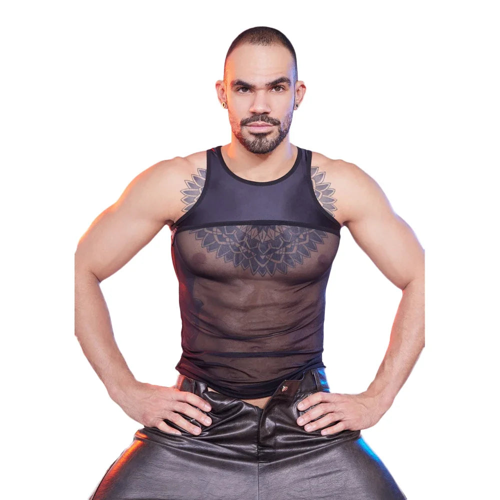 a sexy man in black Roster Reveal Panel Mesh Tank - pridevoyageshop.com - gay men’s harness, lingerie and fetish wear