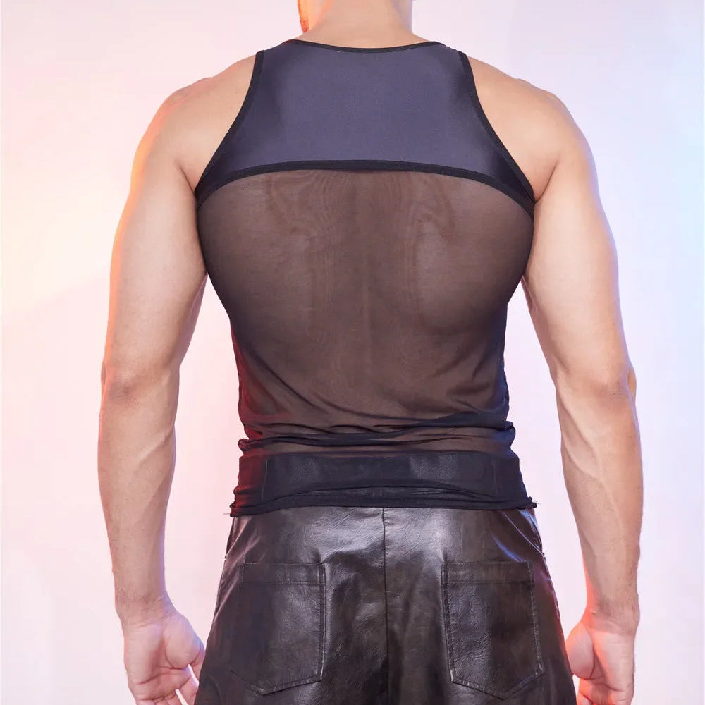 a sexy man in black Roster Reveal Panel Mesh Tank - pridevoyageshop.com - gay men’s harness, lingerie and fetish wear