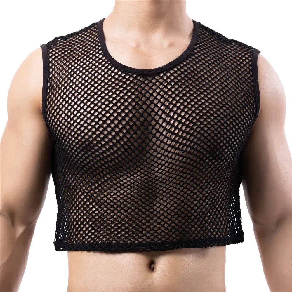 a sexy man in black Short Circuit Net Crop - pridevoyageshop.com - gay men’s harness, lingerie and fetish wear