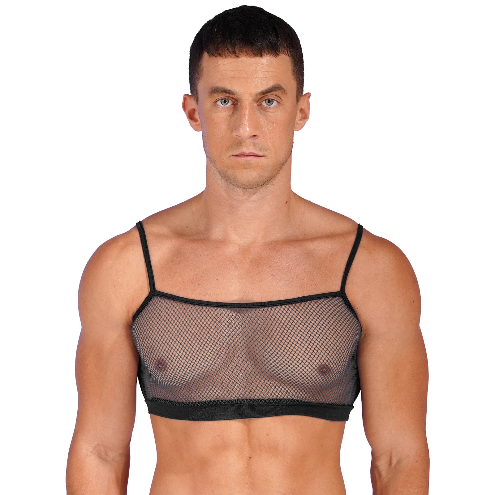 a sexy man in black Signal Boost Fishnet Cami - pridevoyageshop.com - gay men’s harness, lingerie and fetish wear