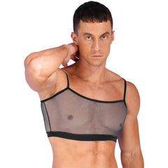 a sexy man in black Signal Boost Fishnet Cami - pridevoyageshop.com - gay men’s harness, lingerie and fetish wear