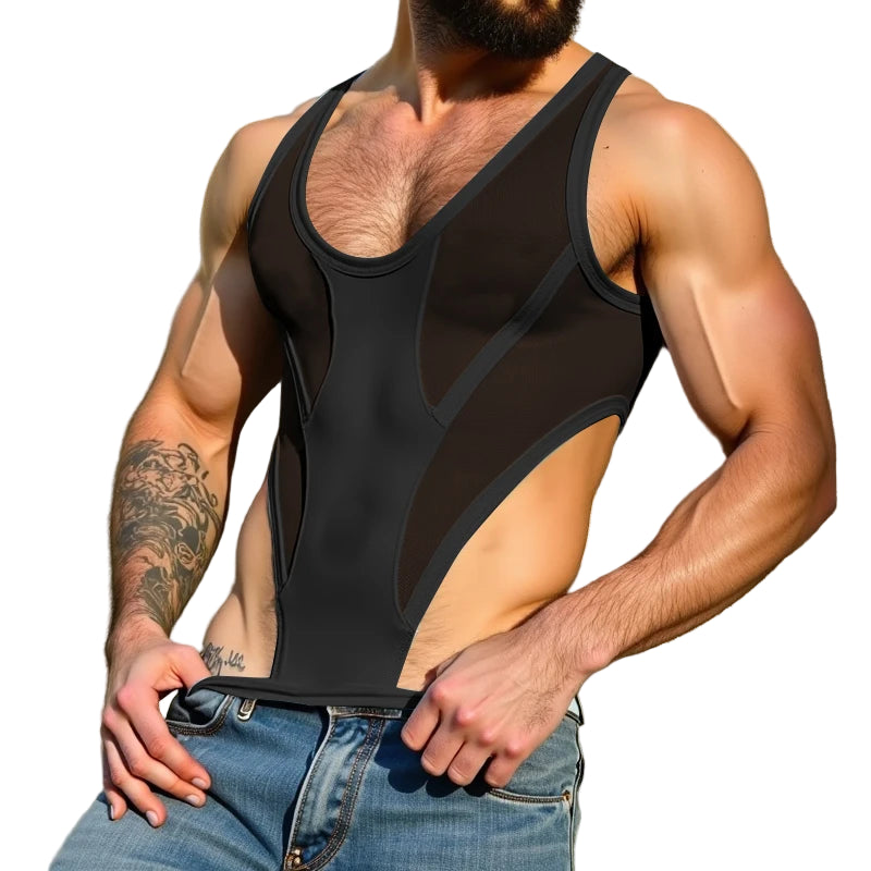a sexy man in black South Beach Deco Sheer Leotard – pridevoyageshop.com – gay men’s harness, lingerie and fetish wear