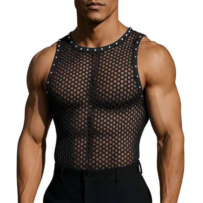 a sexy man in black Studded Showboi Mesh Tank – pridevoyageshopcom – gay mens clubwear mesh tanks crop tops fashion tops partywear activewear