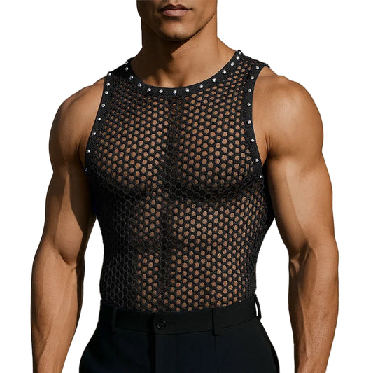 a sexy man in black Studded Showboi Mesh Tank – pridevoyageshopcom – gay mens clubwear mesh tanks crop tops fashion tops partywear activewear
